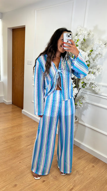 Conjunto Cardigan + Pantalona de Rede em Azul e lilas