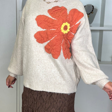 Camisola malha com flor em Bege