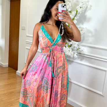 Vestido Acetinado Indiano Salmão