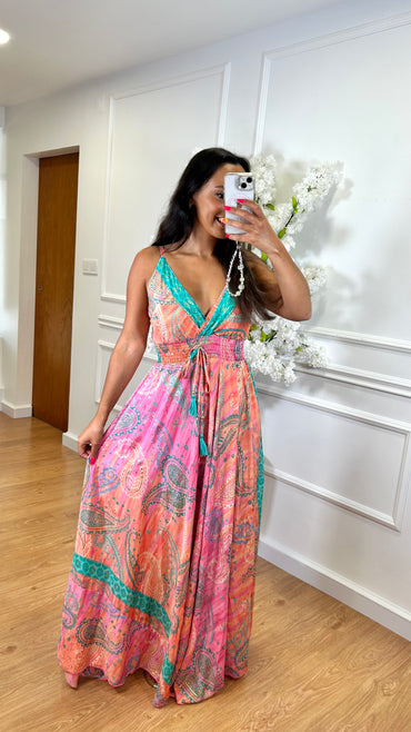 Vestido Acetinado Indiano Salmão