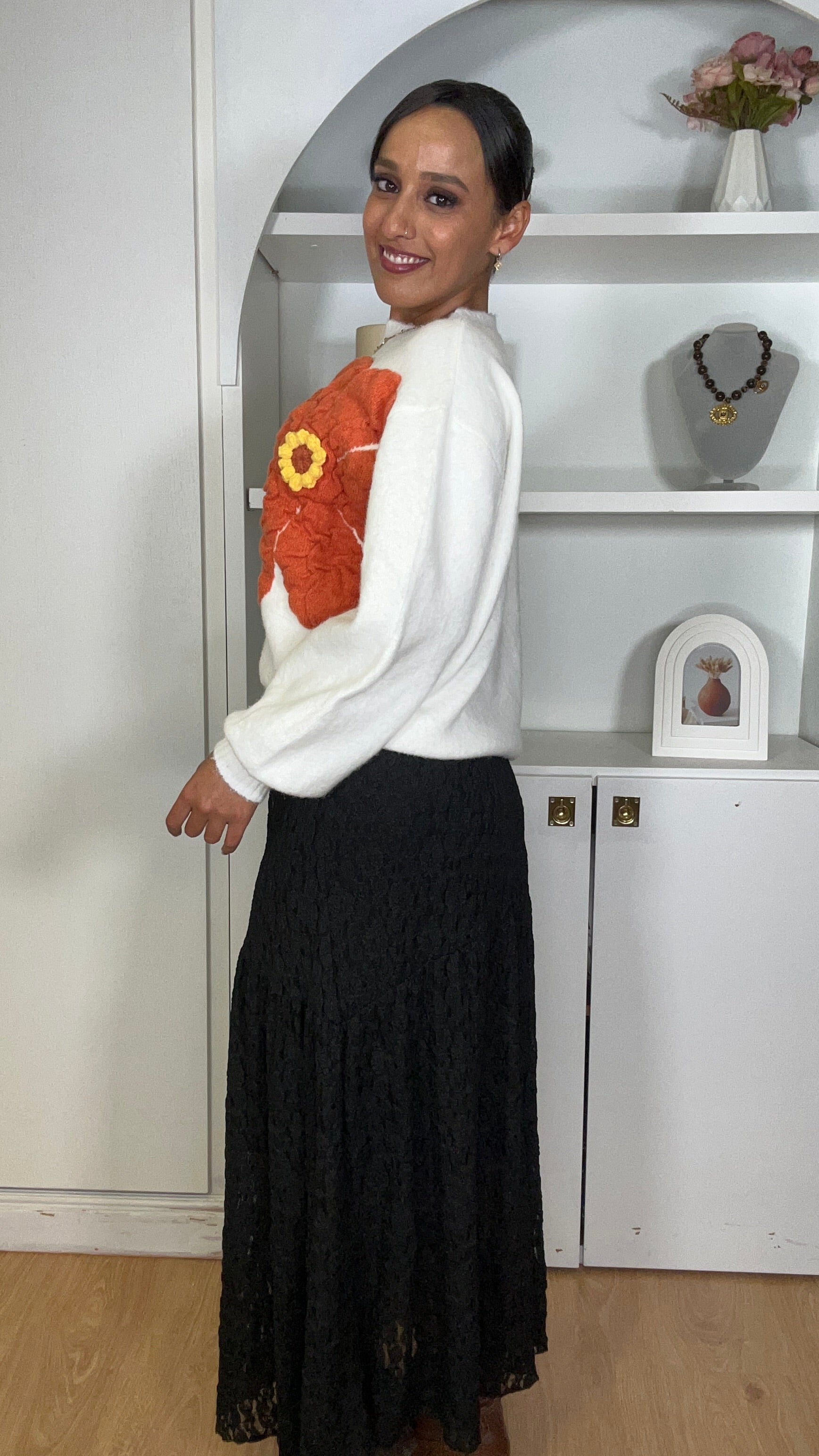 Camisola malha com flor em Branco
