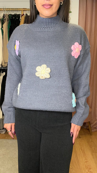 Camisola malha com flores 3D Cinza