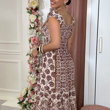Vestido Indiano Bordeaux e bege