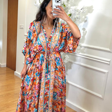Vestido Indiano Com Manga Estampado Laranja