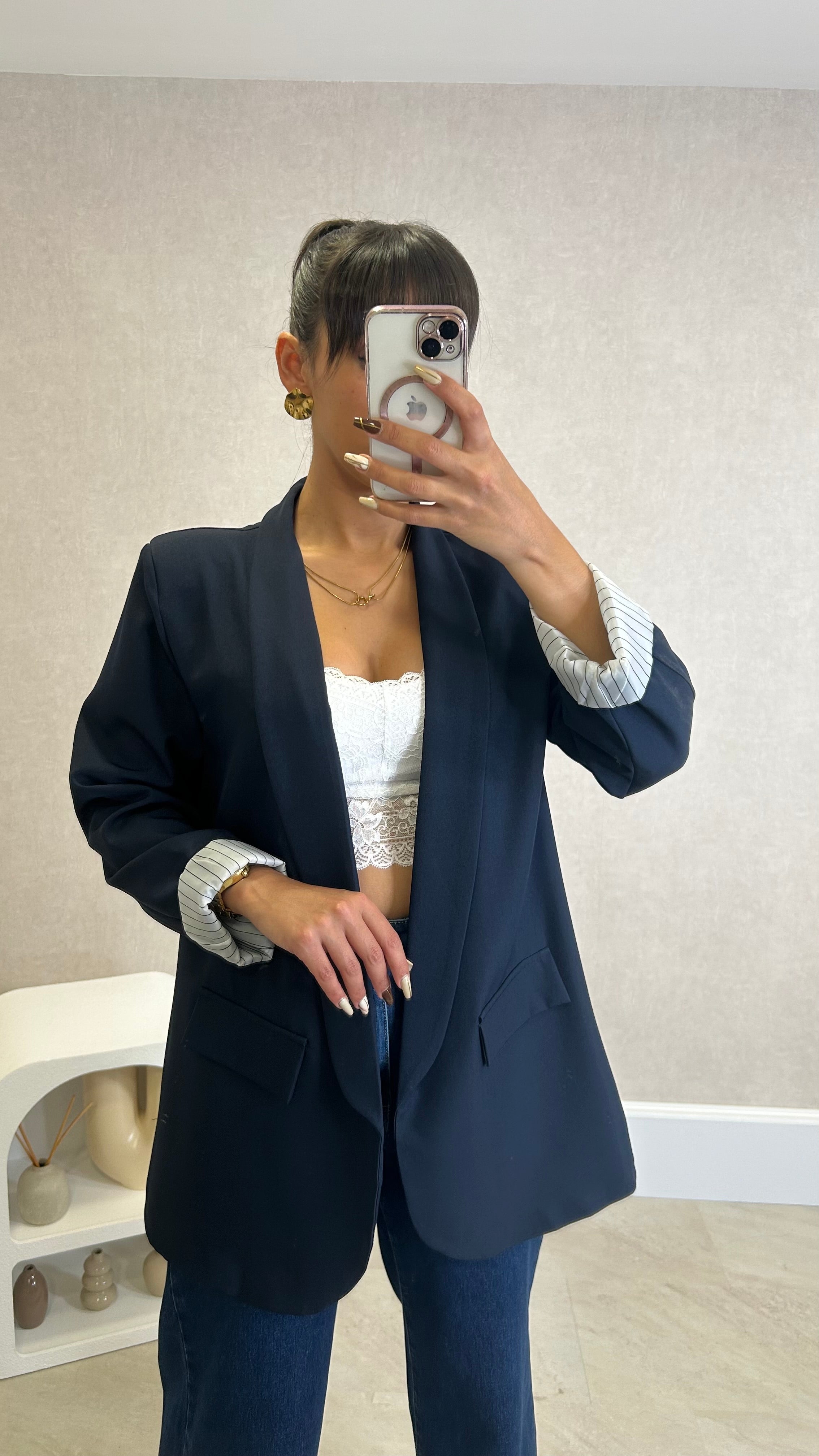 Blazer com Forro Listrado Azul Marinho