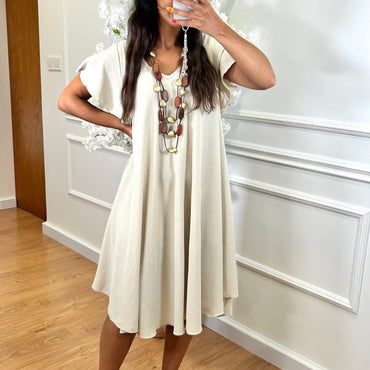 Vestido Midi oversize com folho na manga Bege