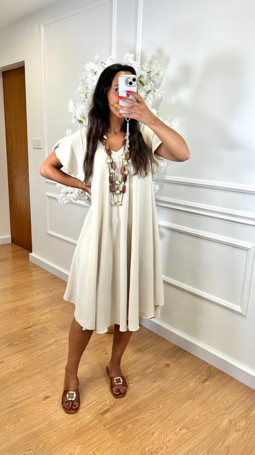 Vestido Midi oversize com folho na manga Bege