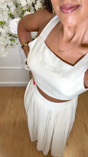Conjunto Top + Saia comprida em Bege Perola