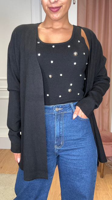 Conjunto Top com brilhos + Casaco Preto