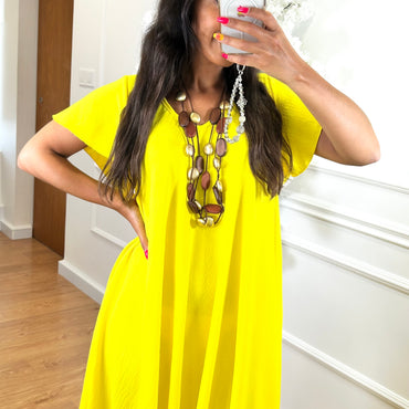 Vestido Midi oversize com folho na manga Amarelo