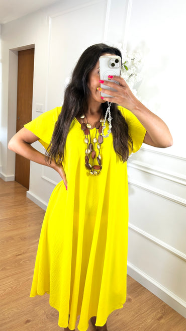 Vestido Midi oversize com folho na manga Amarelo