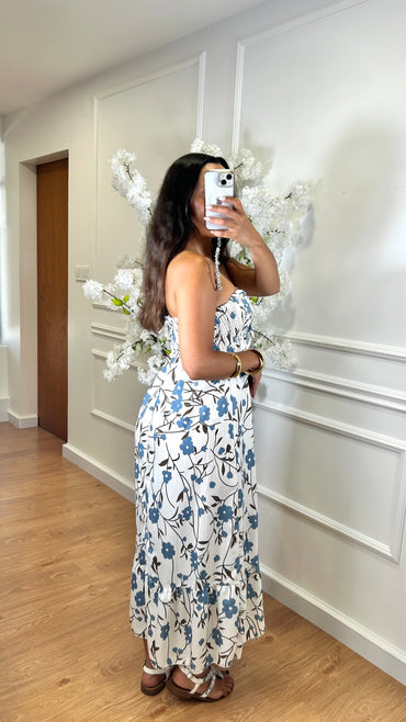 Vestido Cai-Cai com flores Azul Indigo