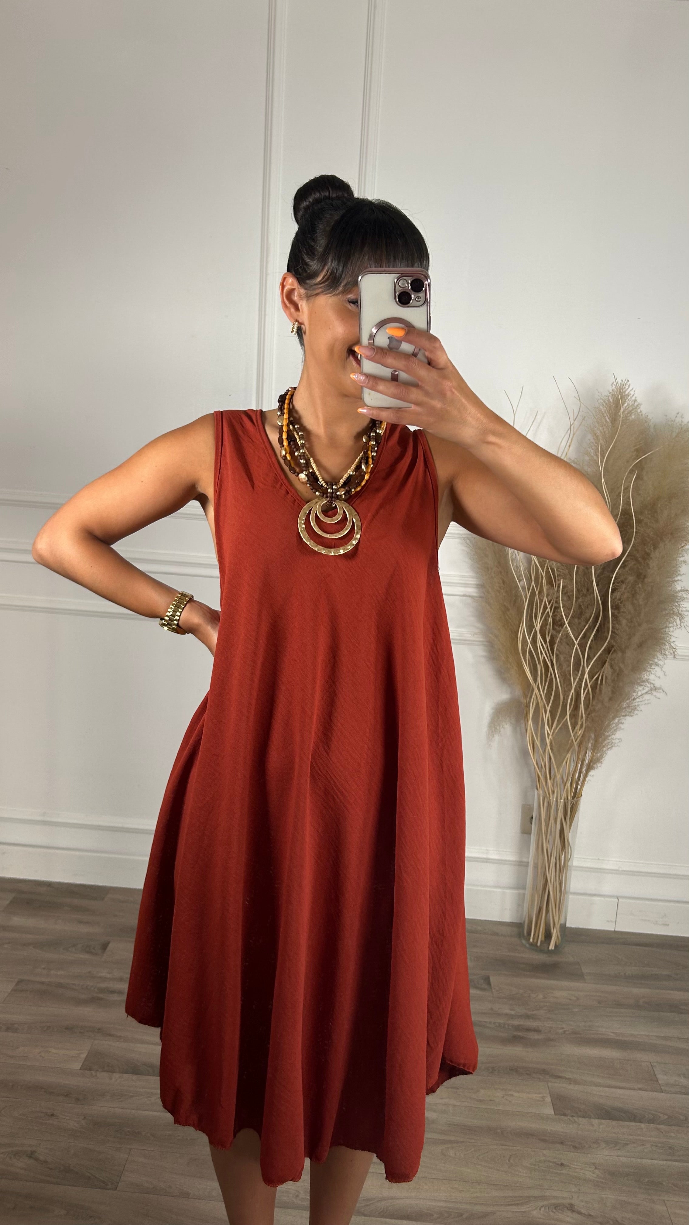 Vestido oversize de alças larga Midi Tijolo