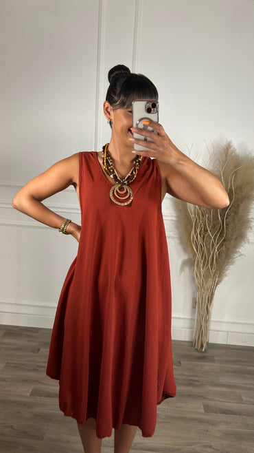 Vestido oversize de alças larga Midi Tijolo