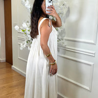 Vestido Engelhado Com Crochet em Bege Pérola