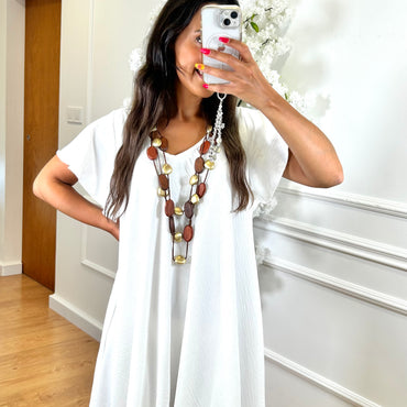 Vestido Midi oversize com folho na manga Branco