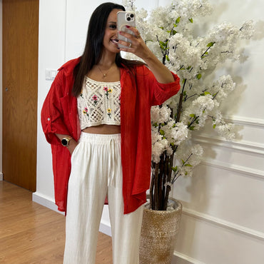 Top Crochet flores amarelo e rosa