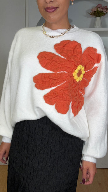 Camisola malha com flor em Branco