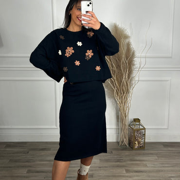 Conjunto Vestido e Camisola Com Flores Preto