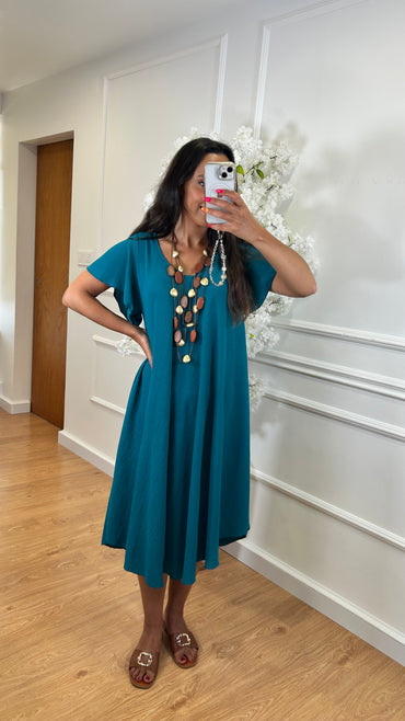 Vestido Midi oversize com folho na manga Azul petróleo