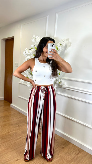 Pantalona Riscas Tons de Bordo e Vermelho