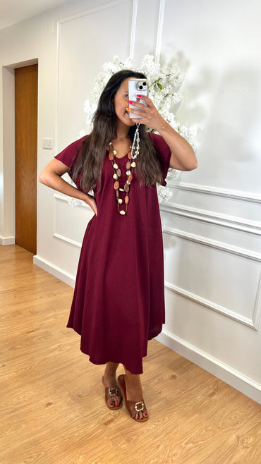 Vestido Midi oversize com folho na manga Bordo