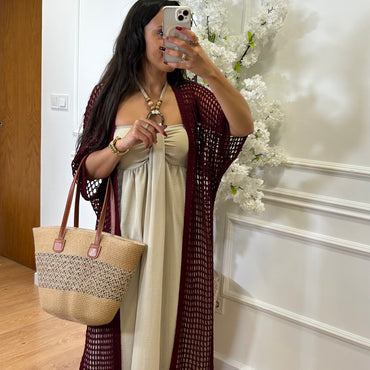 Kimono Comprido Crochet Bordo