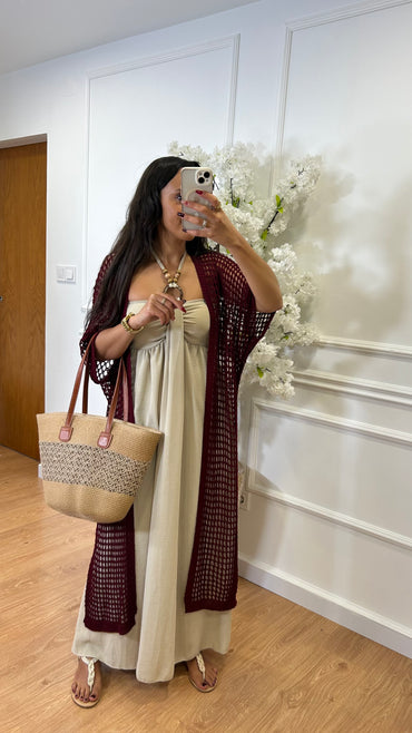 Kimono Comprido Crochet Bordo