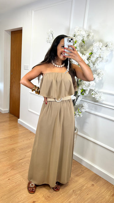 Vestido Com folho em Taupe