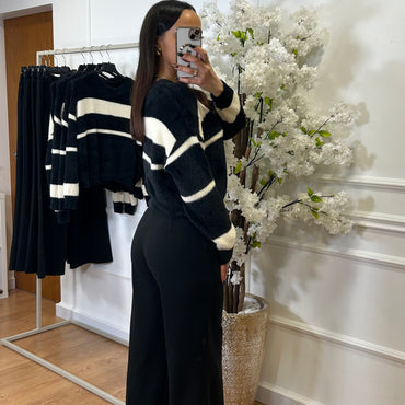 Camisola malha pelo fofo as riscas Preto e Branco