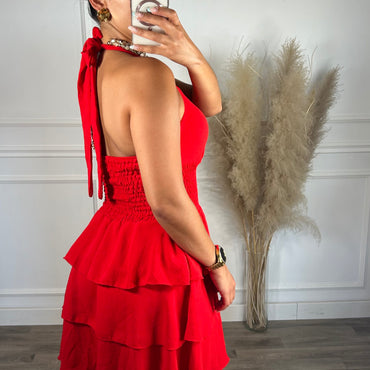 Vestido com folhos vermelho