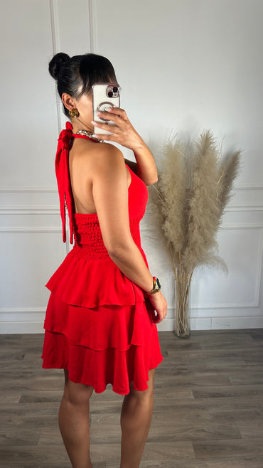 Vestido com folhos vermelho