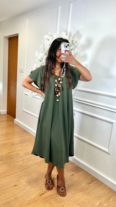 Vestido Midi oversize com folho na manga Verde Tropa