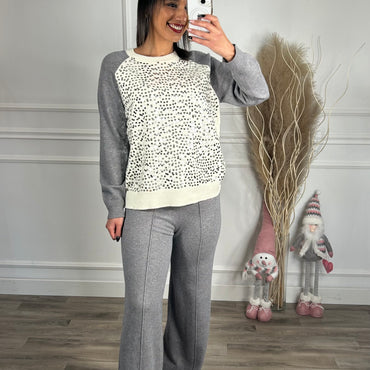 Conjunto camisola com lantejoulas + pantalona cinza