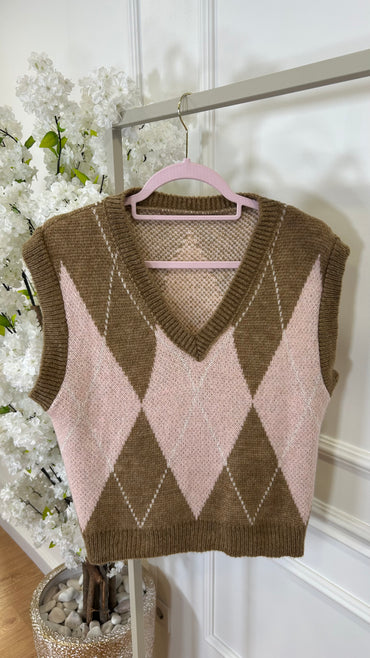 Colete Malha Losangos Rosa e Camel