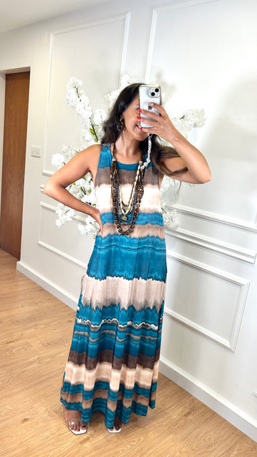 Vestido Malha Fria comprido estampado Azul Turquesa