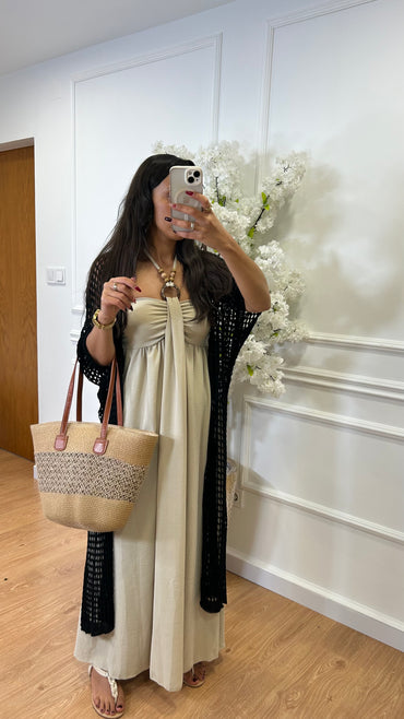 Kimono Comprido Crochet Preto