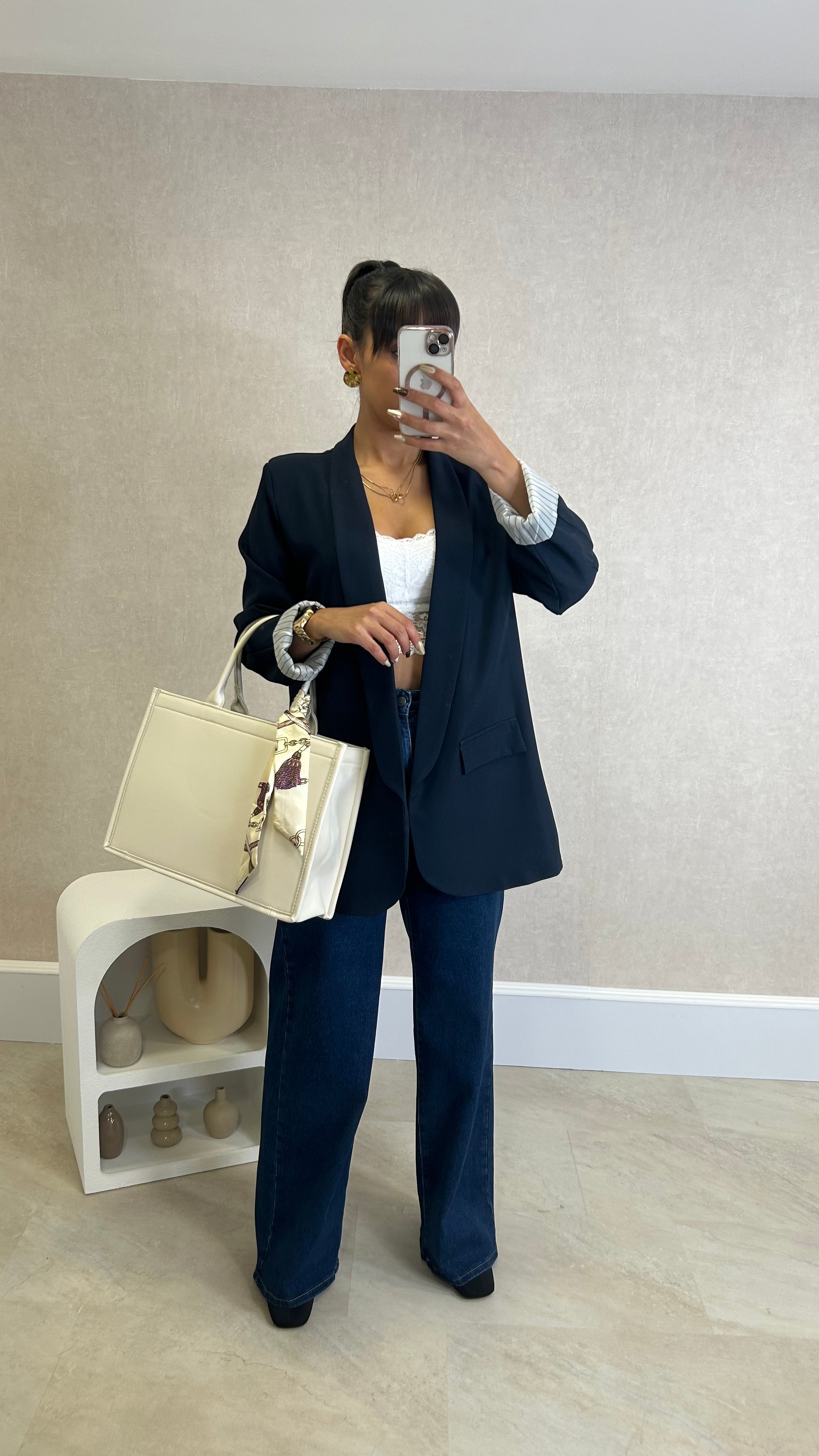 Blazer com Forro Listrado Azul Marinho