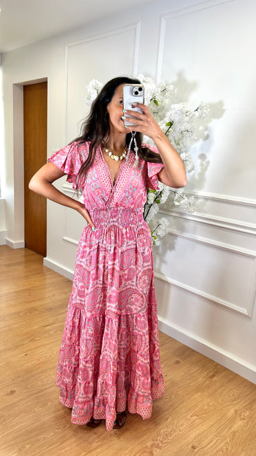 Vestido Indiano Com Manga em Rosa