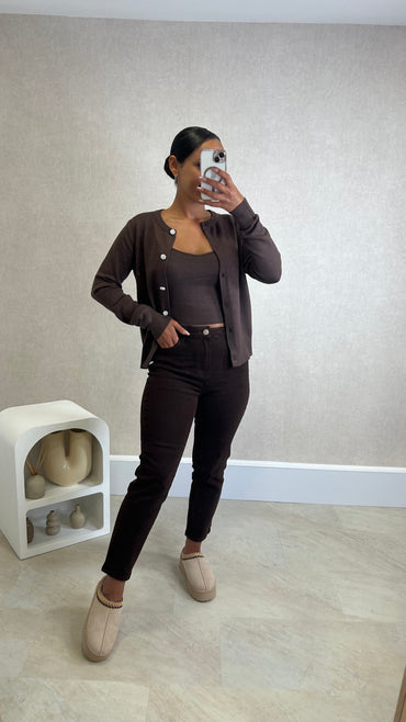 Conjunto Cardigan com perolas+ Top Castanho