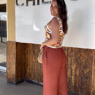 Top Crochet tons cor tijolo e castanho