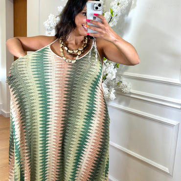 Vestido Zig Zag com fio dourado em Verde