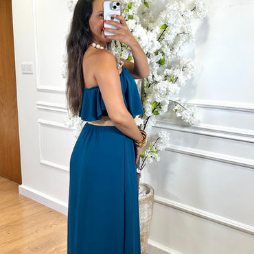 Vestido Com folho em Azul Petroleo