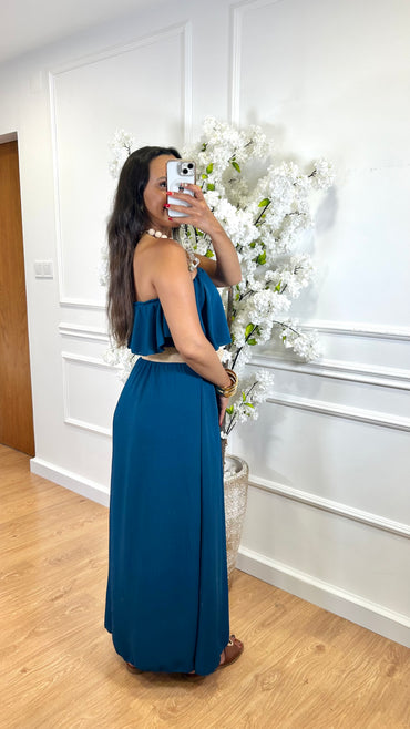Vestido Com folho em Azul Petroleo