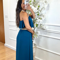Vestido Com folho em Azul Petroleo