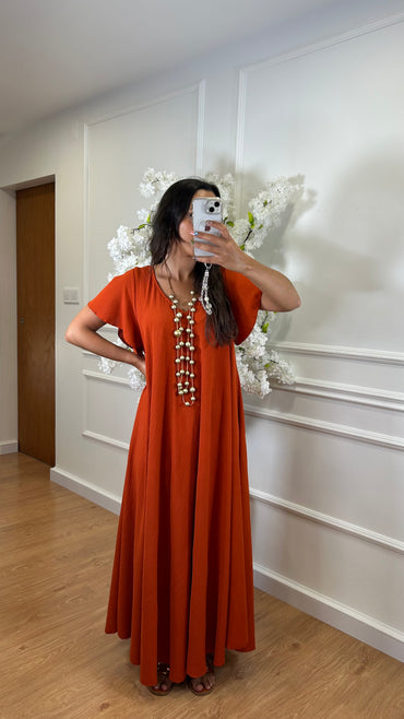 Vestido oversize com folho na manga em Tijolo