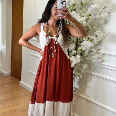 Vestido Bicolor Bege e Tijolo