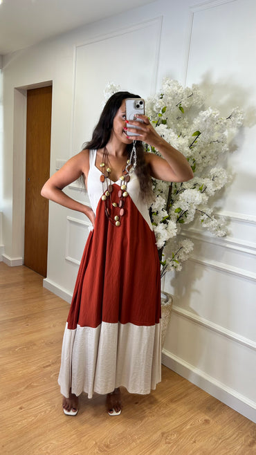 Vestido Bicolor Bege e Tijolo