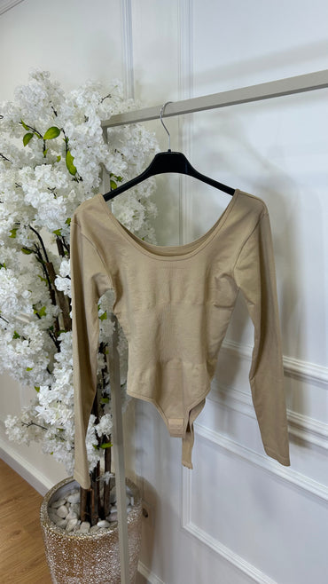 Body Modelador Manga Comprida Bege