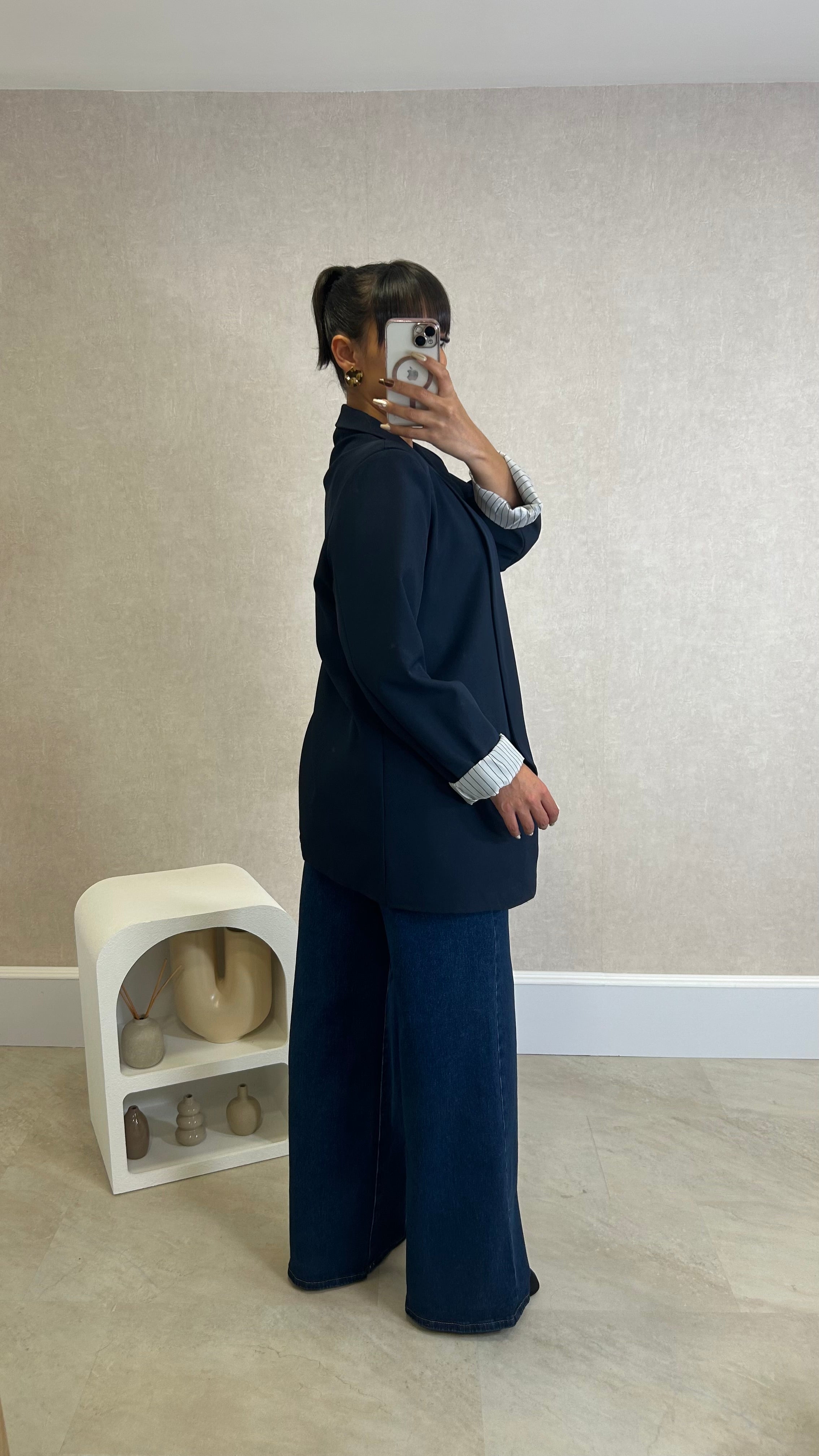 Blazer com Forro Listrado Azul Marinho